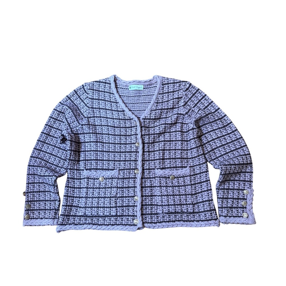 Belle Poque Cardigan Sweater Women Purple Plaid Tweed Style SIZE XL
